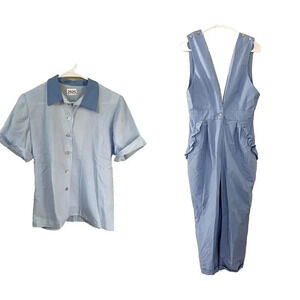 Vtg Women Blue Romper And Blouse Set Ruffle Short Sleeve Top Sleeveless Overalls